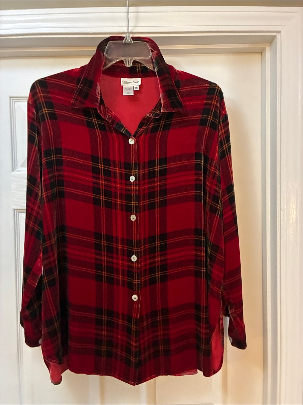 Coldwater Creek Velvet Red and Black Plaid Button-Down Shirt 1X